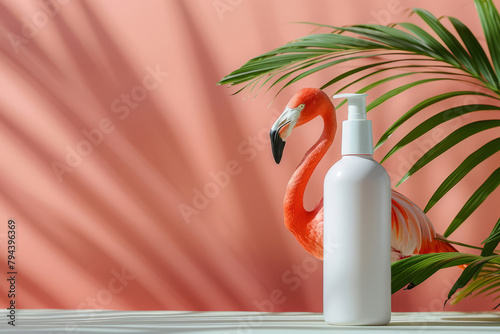 A jar of body or face cream on a pink background with flamingos. The concept of skin care and beauty