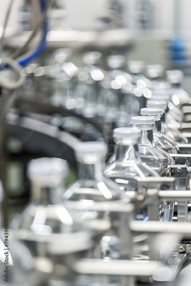 Bottles of water are being filled in a factory. The bottles are clear and have white tops Bottles of water are being filled in a factory. The bottles are clear and have white tops