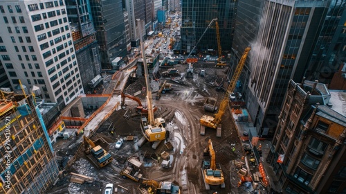 A bustling construction site in the heart of a city, with workers, heavy machinery, and buildings in different stages of completion © Ilia Nesolenyi