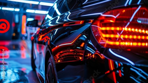 Detailed close up of the shiny red tail lights of a black car, showcasing a freshly detailed finish after washing, waxing, and interior cleaning © Ilia Nesolenyi