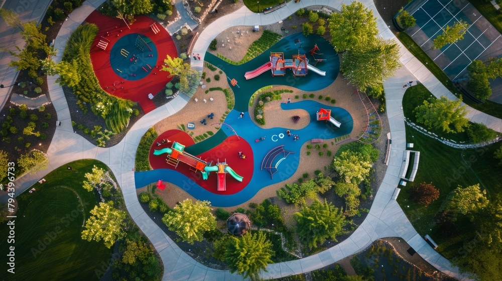 A drone captures an overview of a park showcasing a childrens play area with various playground equipment