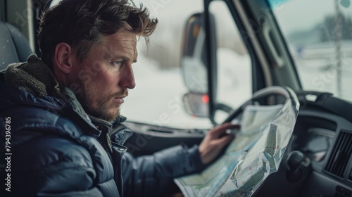 A man seated in a trucks drivers seat, engrossed in reading a map for route planning