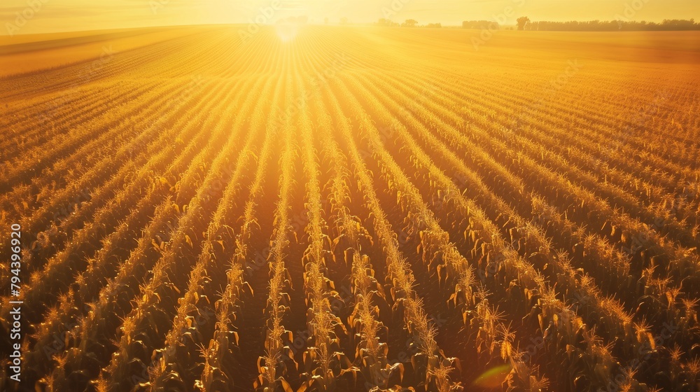 Large cornfield with sun shining in background; farmer using tablet in field during sunset