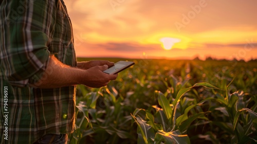 A man standing in a field, holding a cell phone photo