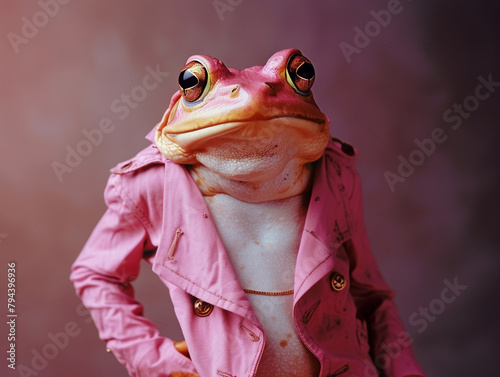 A frog in a stylish pink jacket