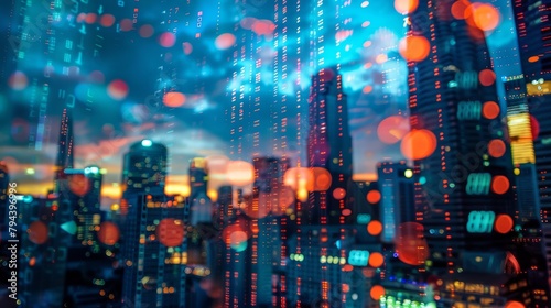 Bright lights and skyscrapers illuminate the urban skyline of a bustling city at night under a dark sky