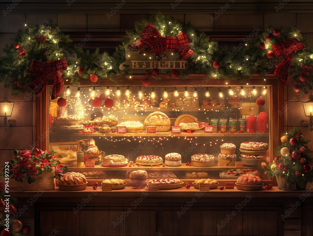 A Christmas bakery with a display case full of pies and cakes