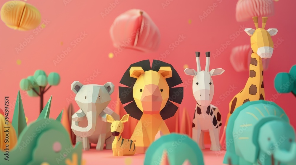 Fototapeta premium Abstract paper shapes morphing into cute animals in a 3D animation AI generated illustration