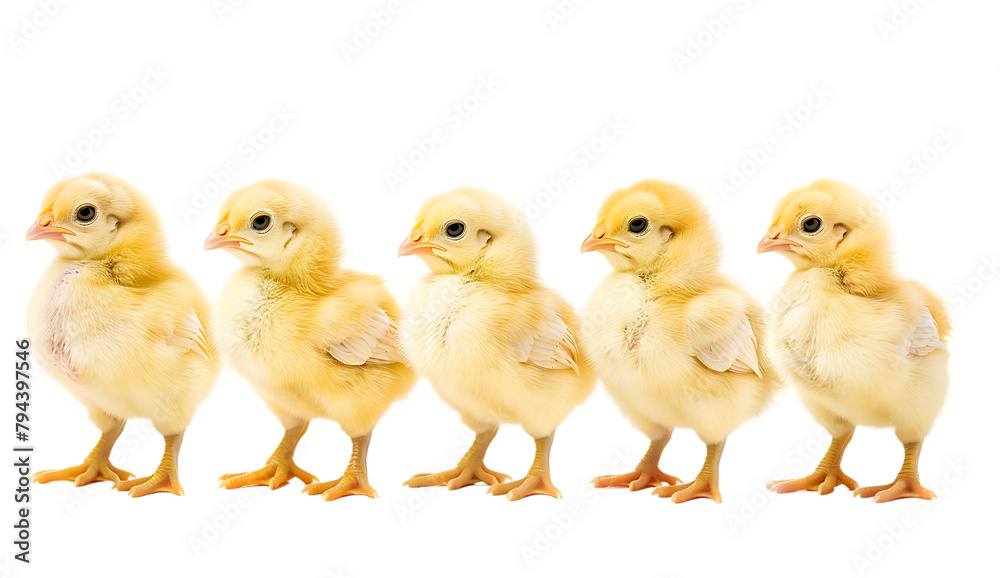 Five yellow baby chickens standing in line isolated on white background