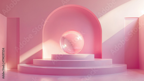 Round ceramic pink podium on a pink background. The perfect platform to showcase your products. Three-dimensional illustration