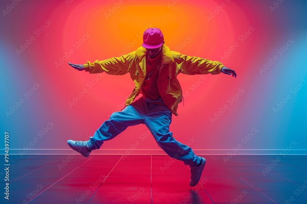 An artist in a red hat and yellow jacket is joyfully dancing in the air