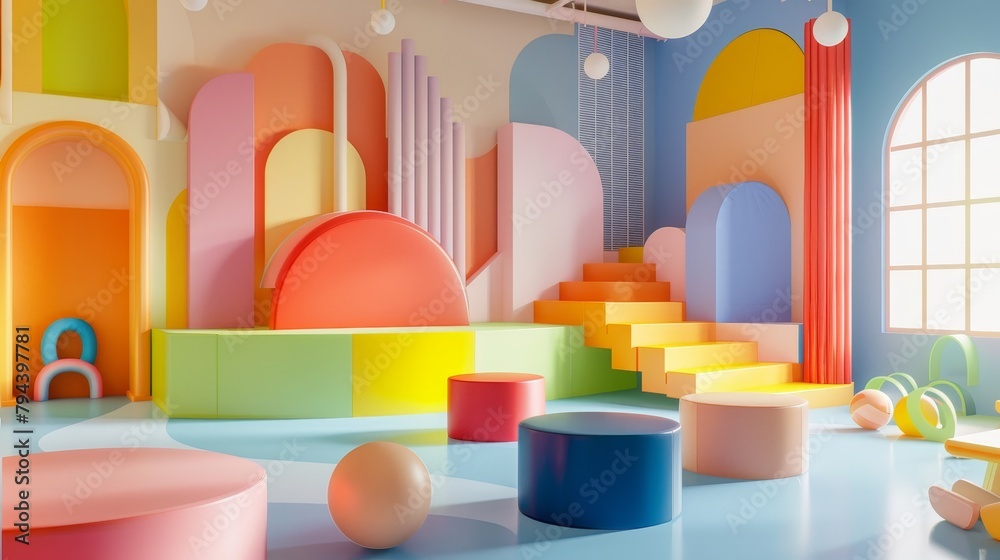 Abstract shapes and bright colors in a 3D interpretation of a classroom setting AI generated illustration Abstract shapes and bright colors in a 3D interpretation of a classroom setting AI generated illustration