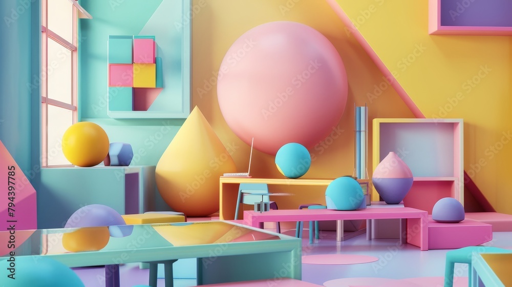 Abstract shapes and bright colors in a 3D interpretation of a classroom setting AI generated illustration Abstract shapes and bright colors in a 3D interpretation of a classroom setting AI generated illustration