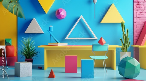 Abstract shapes and bright colors in a 3D interpretation of a classroom setting AI generated illustration