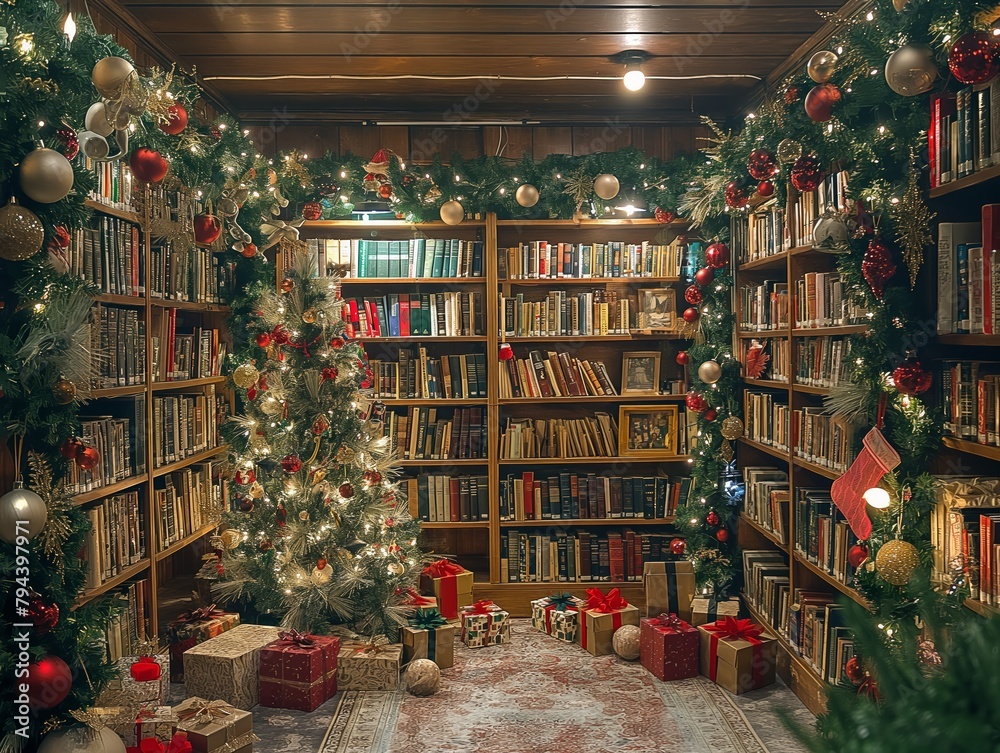 A Christmas library with a tree in the middle and many bookshelves. Scene is festive and cozy