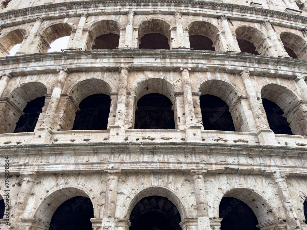 Closeup of the arches of the Roman Colosseum in Rome