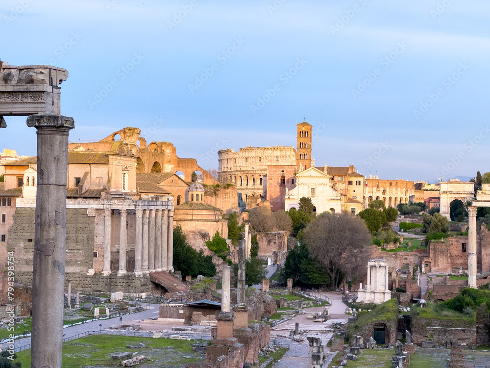 View of the Roman forum with the Colosseum in the background