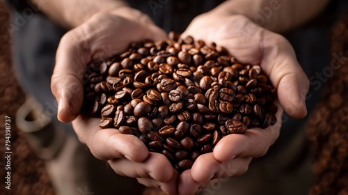 Close-up shot of a persons hands holding various fresh coffee beans, showcasing different types and varieties