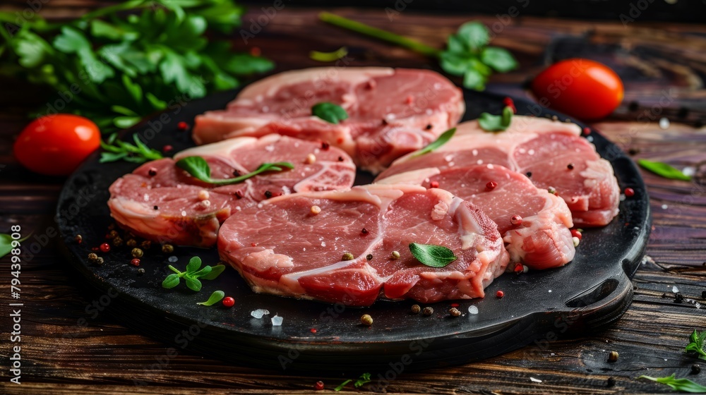 Organic pork steaks fillets for grilling, baking, or frying on a dark wooden plate with fresh tomatoes and herbs
