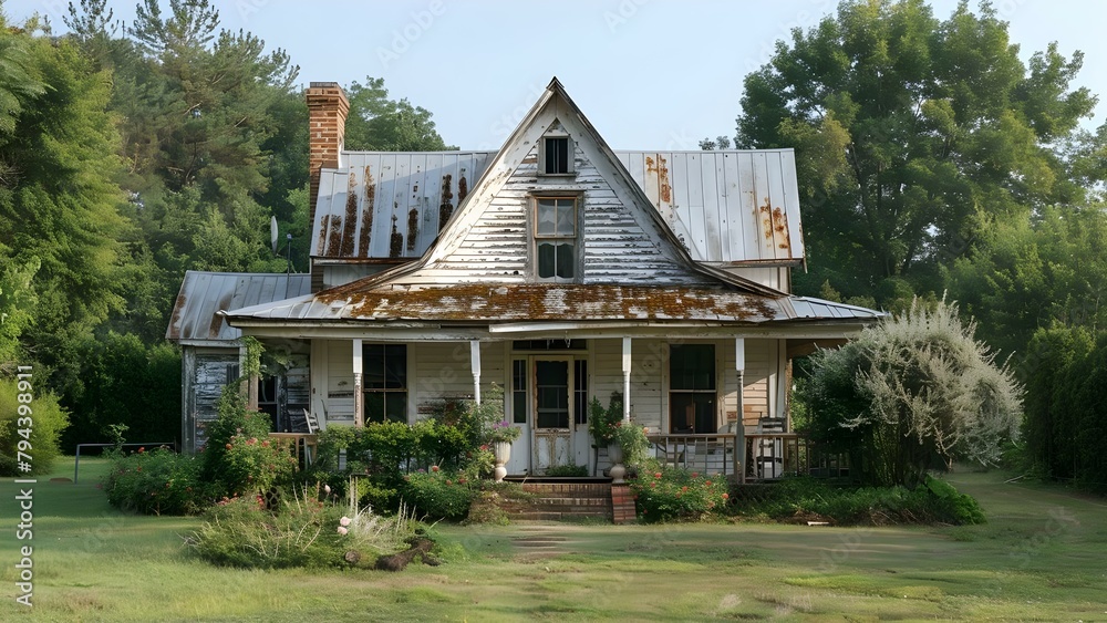 Charming vintage farmhouse in the countryside with weathered exterior, gable roof, and inviting porch. Concept Vintage farmhouse, Countryside living, Weathered exterior, Gable roof, Inviting porch