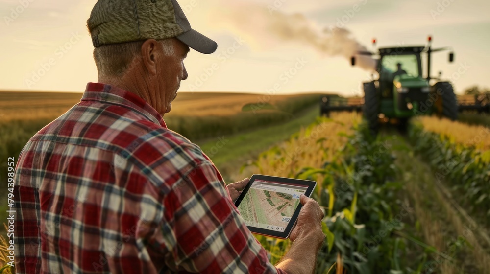 A man, a rural farmer, stands in a field while holding a digital tablet, analyzing crop maps