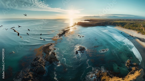 A bird in flight over the ocean with a sunset in the background, captured in a wide-angle aerial shot