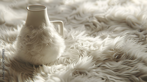 A white mug sits on a white rug. The scene is simple and peaceful, with the mug and rug being the only objects in the image photo