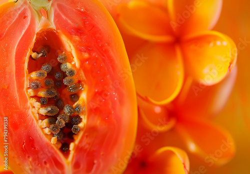 Half of a juicy bright orange papaya on a background with plumeria flowers. Top view, copy space, advertising shot. photo