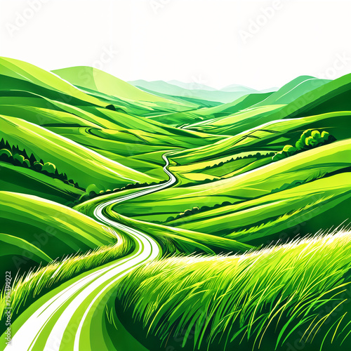 A winding road through a lush  green countryside with rolling hills and mountains in the distance.