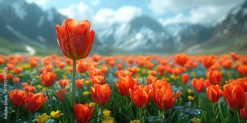 Blooming red tulips flower in the foothills of snowy mountains.