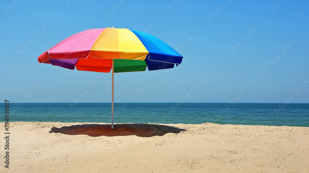 Colorful beach umbrella stands alone on a tranquil sandy beach with clear blue skies