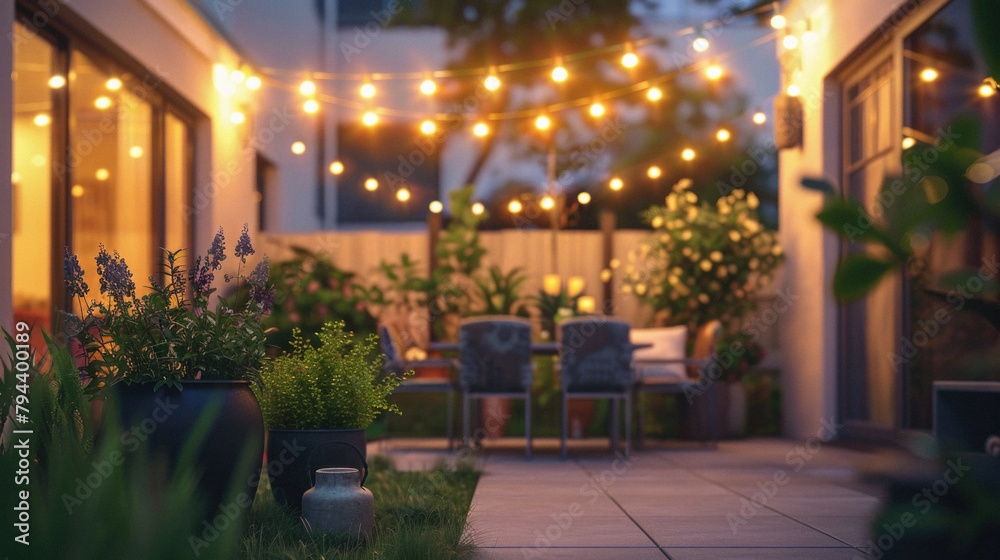 Fototapeta premium A patio with a black pot and a white pot with flowers in them