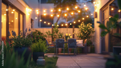 A patio with a black pot and a white pot with flowers in them