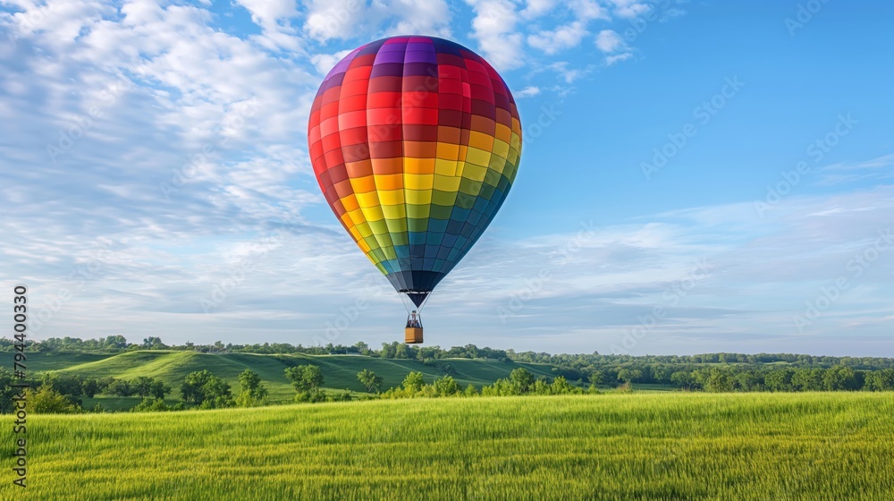 Rainbow colored hot air balloon floats over a lush green field