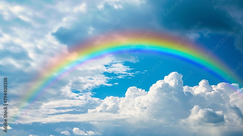 Vivid and colorful rainbow stretches across a bright blue sky dotted with fluffy white clouds