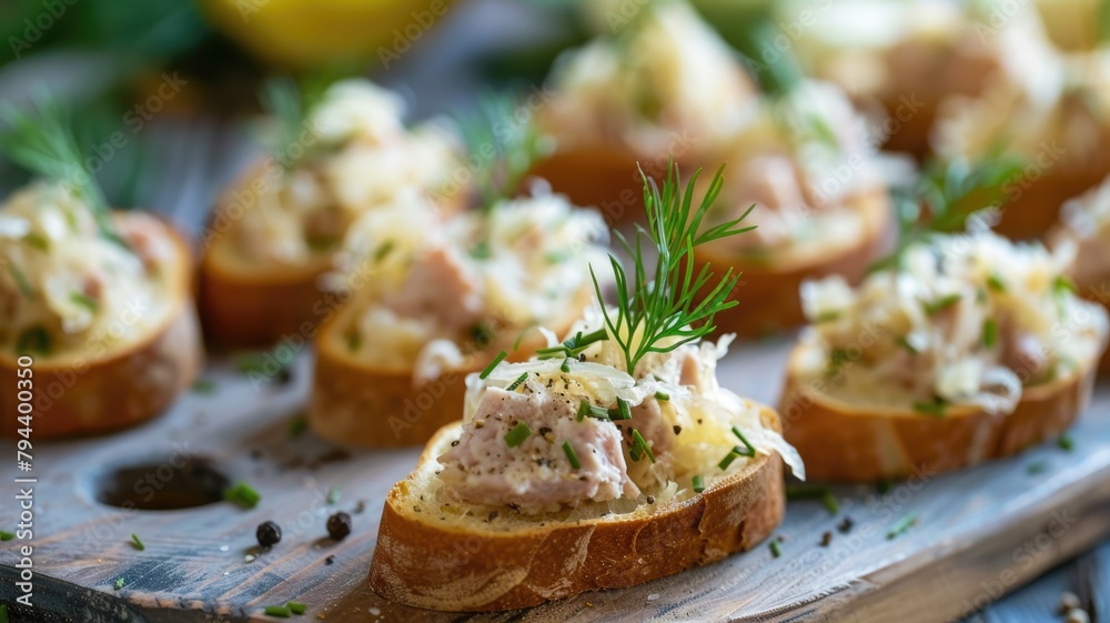 elegant appetizer platter with sauerkraut and pork crostini pate, garnished with fresh dill and ground black pepper, perfect for a cocktail party elegant appetizer platter with sauerkraut and pork crostini pate, garnished with fresh dill and ground black pepper, perfect for a cocktail party