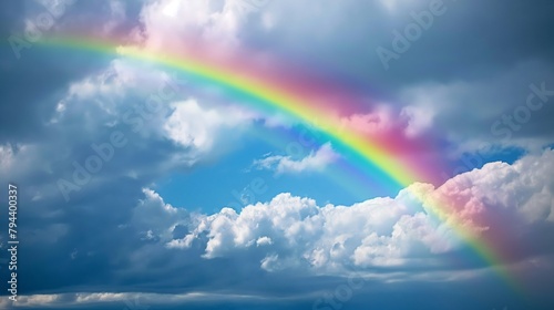 Vibrant rainbow arching over fluffy white clouds against a blue sky