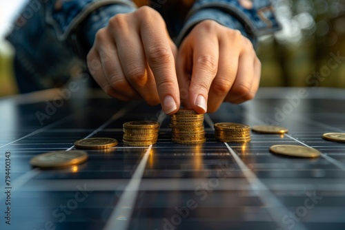 Female stacking coins on solar panel with her hand © Vladimir