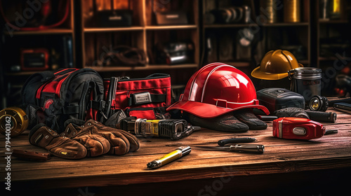 Work safety protection equipment. Industrial protective gear, Construction Worker Equipment photo