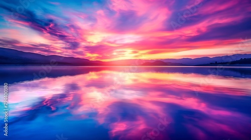 Stunning photo of a vibrant sunset with vivid colors reflected on a calm lake's surface © Татьяна Евдокимова