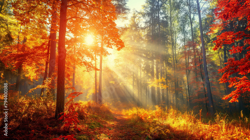 Serene trail through a vibrant autumn forest with sunbeams piercing the foliage