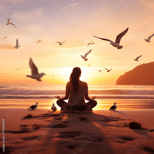 sitting at the beaach meditating, meditation at the beach photo