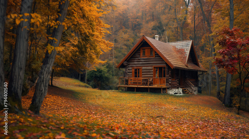 Charming wooden cabin surrounded by a forest with vibrant autumn leaves