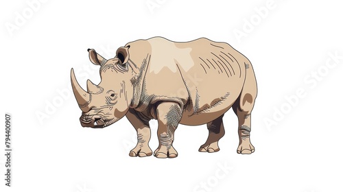   A rhino standing before a white backdrop  drawn  line rendering of a rhinoceros alongside