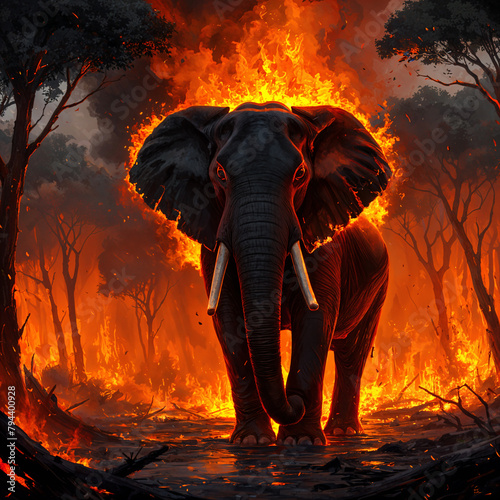 A large, gray elephant standing amidst a fiery landscape with trees and flames surrounding it.