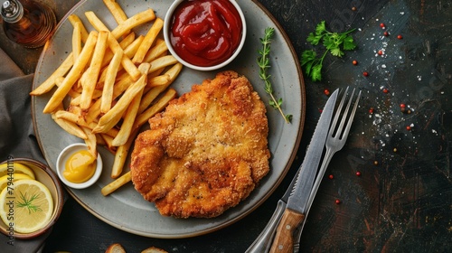 German Viennese Vienna Wiener Schnitzel with French fries, 16:9