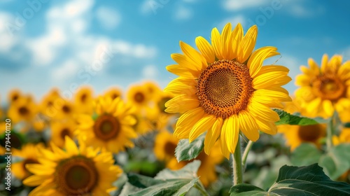 Sunflower field under blue sky. Majestic sunflower basking in sunlight  ideal for nature  agriculture  and summer concepts.