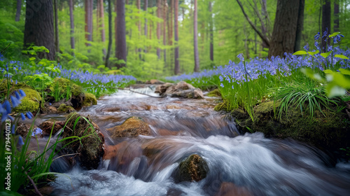Tranquil babbling brook flows through a lush forest, surrounded by vibrant bluebells