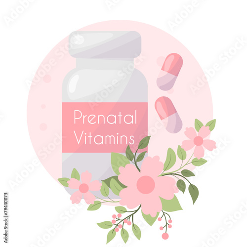 Pregnancy vitamins, prenatal care vector illustration