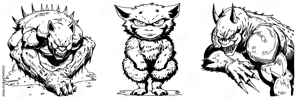 Monster . Line art. Black and white illustration. Print for T-shirts, pattern for tattoos. Generated by Ai Monster . Line art. Black and white illustration. Print for T-shirts, pattern for tattoos. Generated by Ai